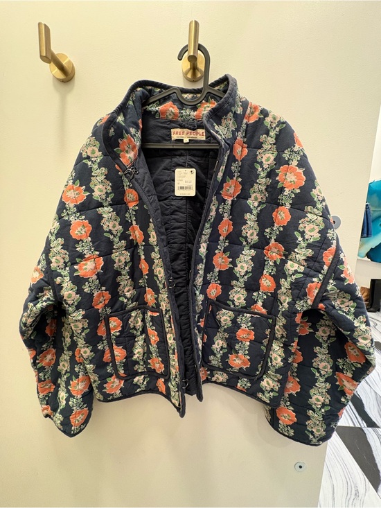 Free People Jackets & Blazers - Free People Navy Quilted Floral Puffer with Coral Flowers